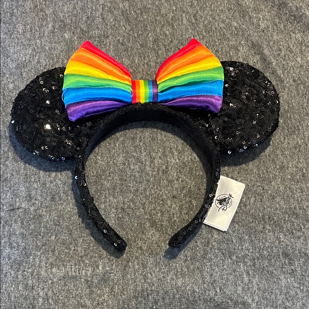 Disney Parks Black Sequin Ears with Rainbow Bow Pride